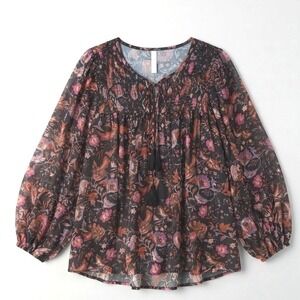 Grace + Karma Women 1X Black Floral Smocked Tassel Chiffon Peasant Blouse Top